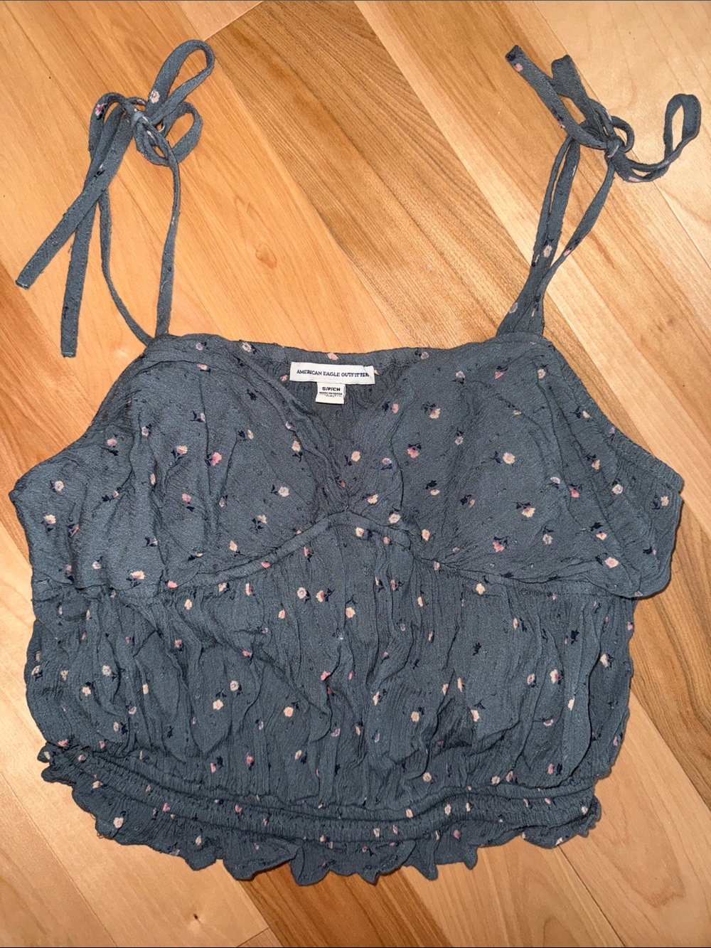 American Eagle Outfitters Slate Floral Tie-Shoulder Crop Camisole S